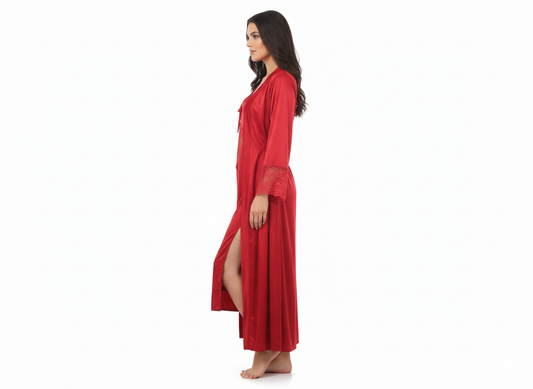 Luxury Red Satin Nightwear Set Lace Long Robe & Slip Dress Shy Wears Pakistan