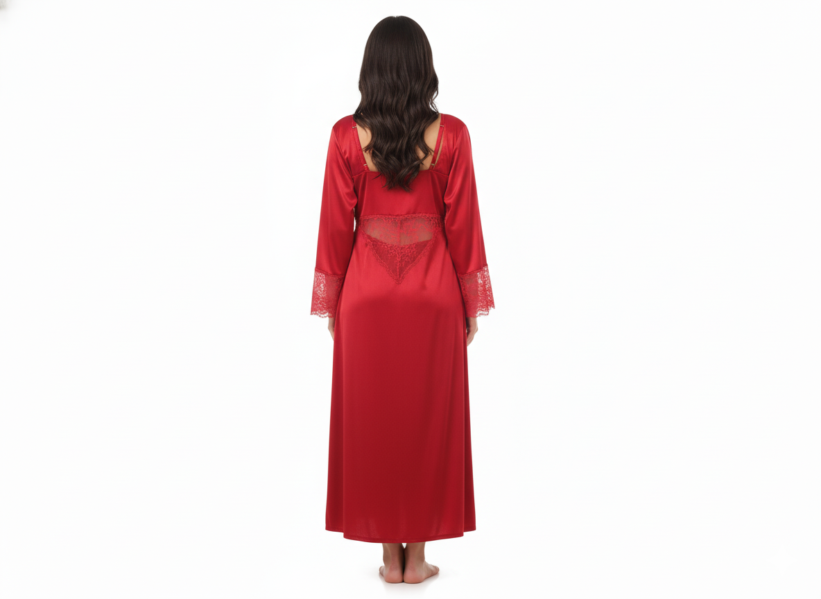Luxury Red Satin Nightwear Set Lace Long Robe & Slip Dress Shy Wears Pakistan