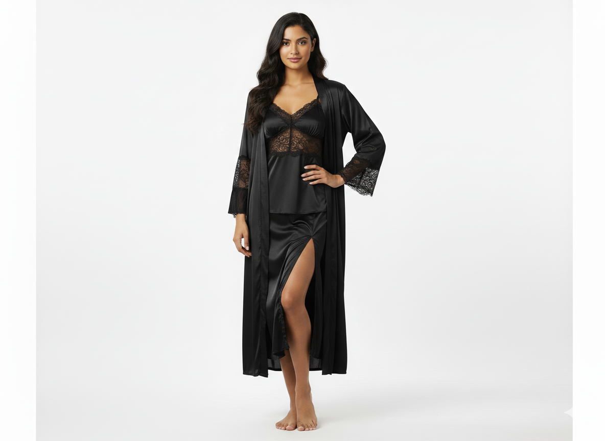Luxury Black Satin 3-Piece Nightwear Set Lace Robe, Top & Pajama Shy Wears Pakistan