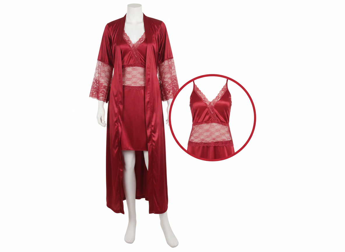 Luxury Red Satin Nightwear Set Lace Slip & Long Robe Shy Wears Pakistan
