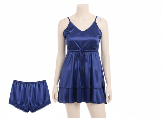 Luxury Navy Blue Satin Nightwear Set Camisole & Shorts Shy Wears Pakistan
