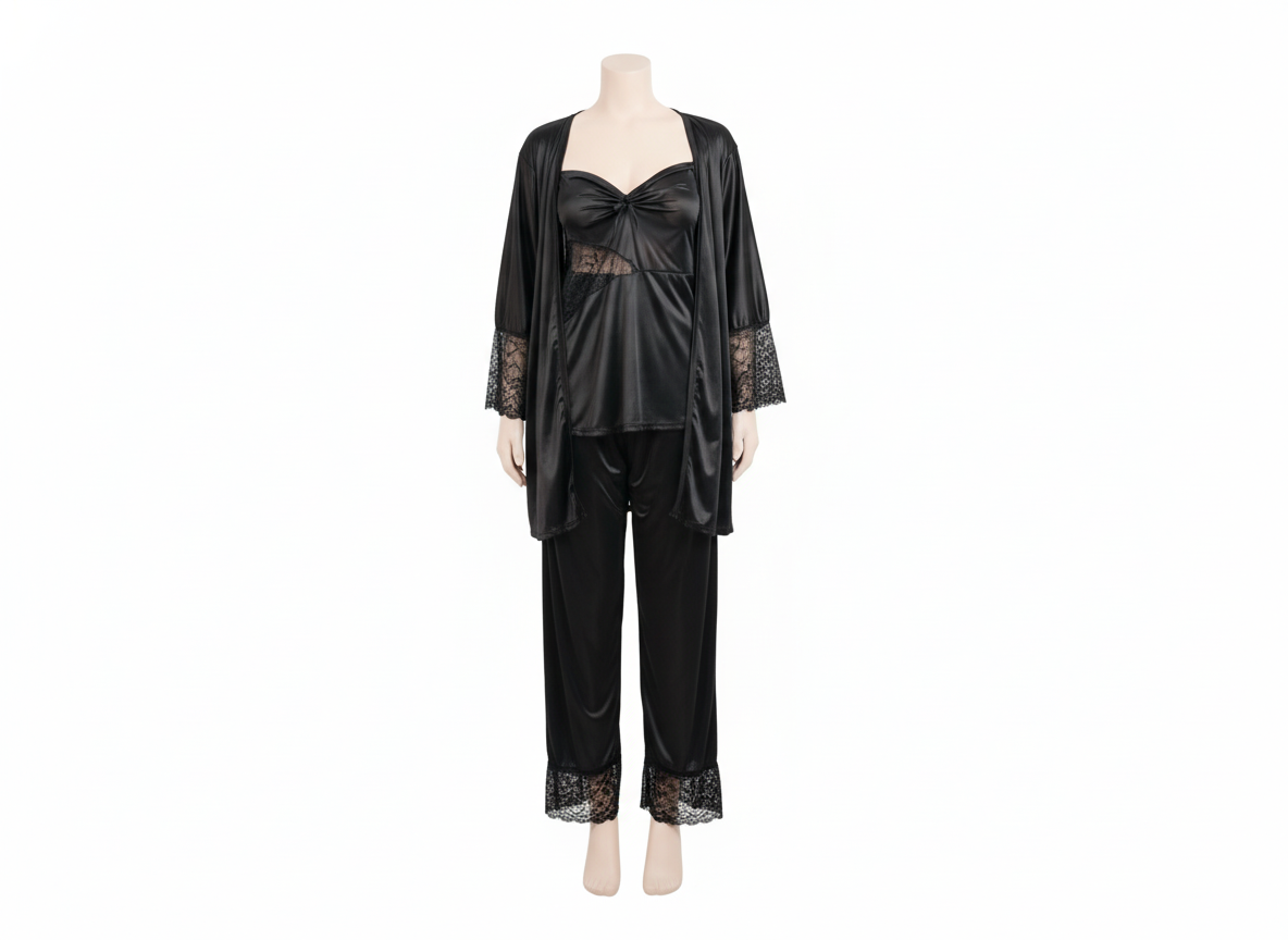 Luxury Black Satin 3-Piece Nightwear Set Lace Robe, Top & Pajama Shy Wears Pakistan