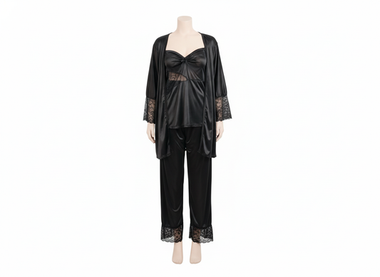 Luxury Black Satin 3-Piece Nightwear Set Lace Robe, Top & Pajama Shy Wears Pakistan