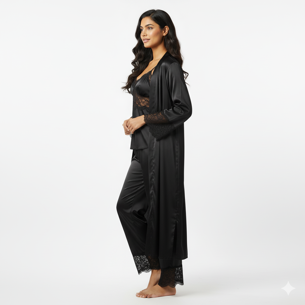 Luxury Black Satin 3-Piece Nightwear Set Lace Robe, Top & Pajama Shy Wears Pakistan