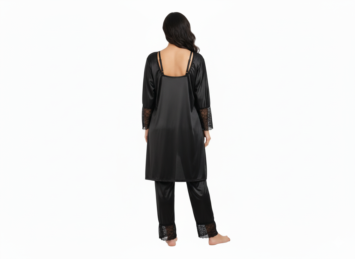 Luxury Black Satin 3-Piece Nightwear Set Lace Robe, Top & Pajama Shy Wears Pakistan