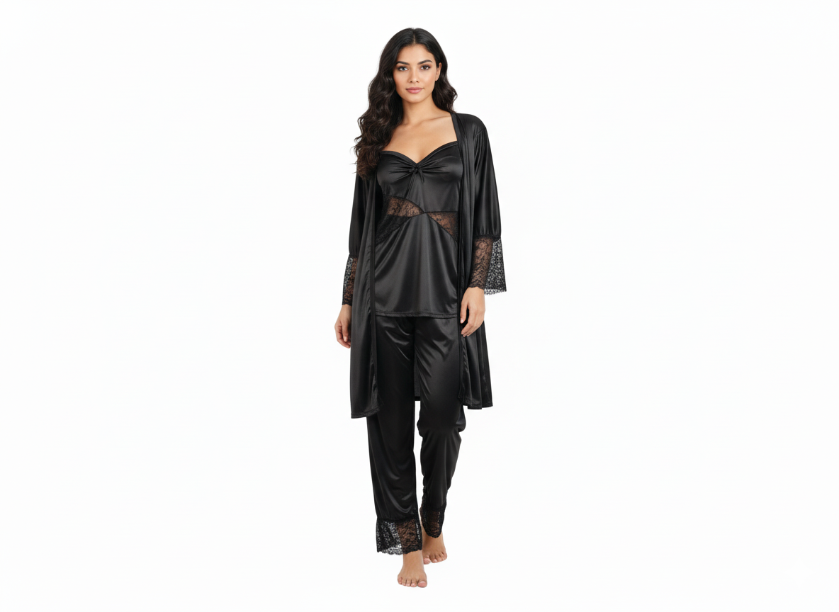 Luxury Black Satin 3-Piece Nightwear Set Lace Robe, Top & Pajama Shy Wears Pakistan