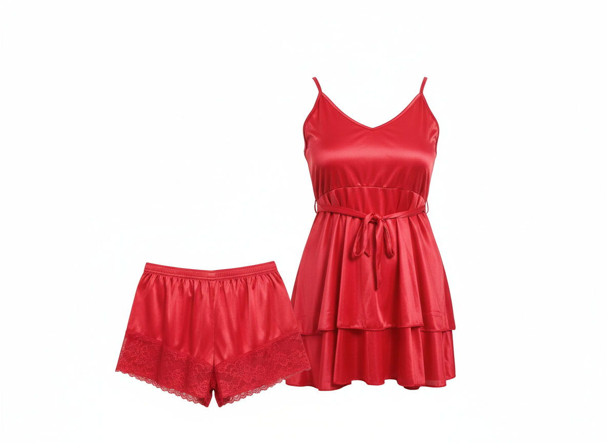 Luxury Red Satin Nightwear Set Camisole & Shorts Shy Wears Pakistan