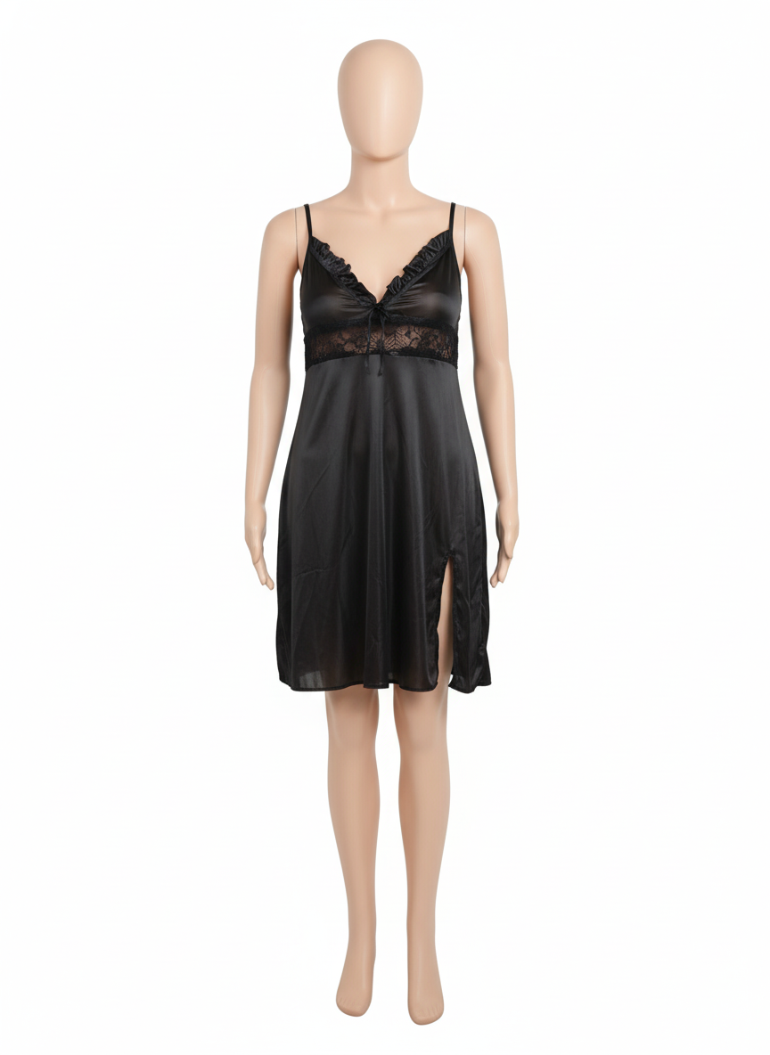 Luxury Black Satin Nighty Lace Slip Dress with Side Slit Shy Wears Pakistan