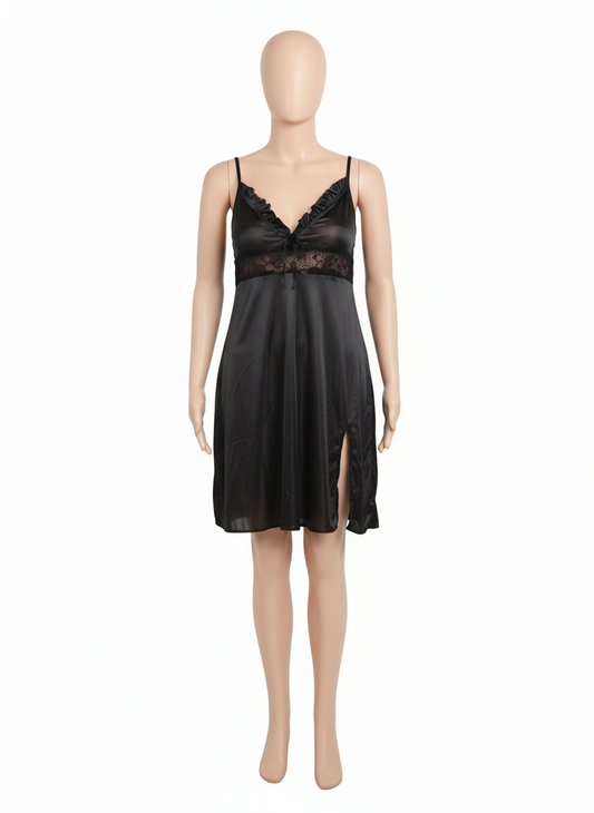 Luxury Black Satin Nighty Lace Slip Dress with Side Slit Shy Wears Pakistan
