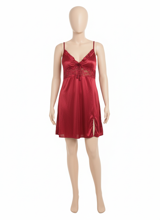 Luxury Red Satin Nighty Lace Slip Dress with Side Slit Shy Wears Pakistan