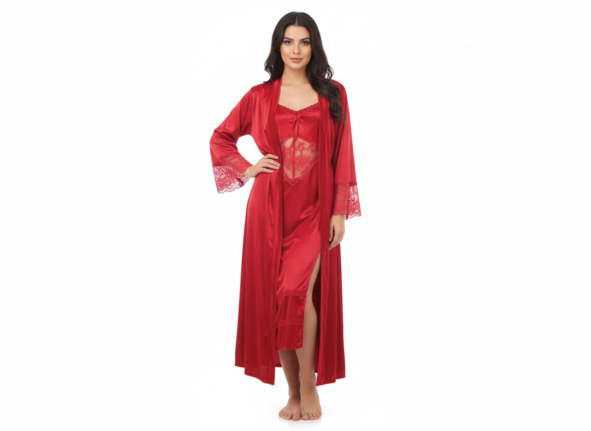 Luxury Red Satin Nightwear Set Lace Long Robe & Slip Dress Shy Wears Pakistan