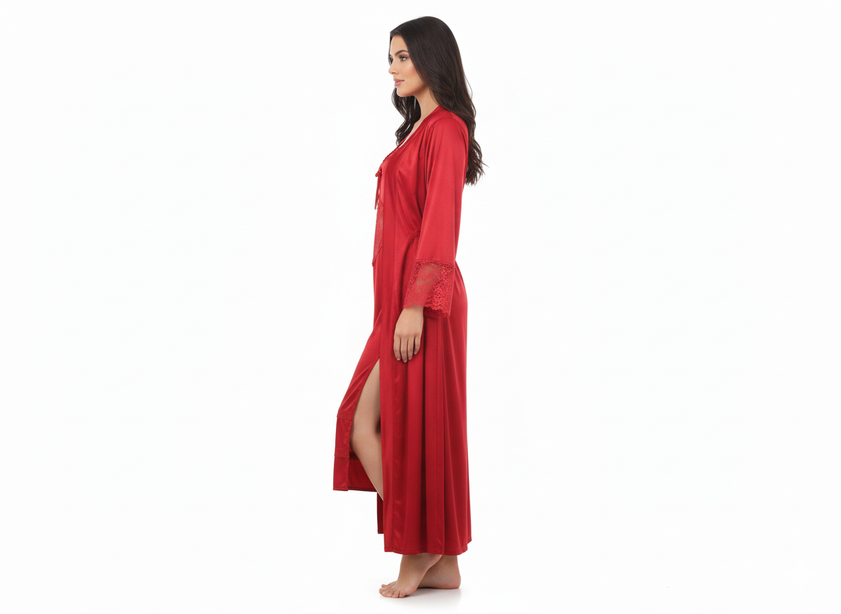 Luxury Red Satin Nightwear Set Lace Long Robe & Slip Dress Shy Wears Pakistan