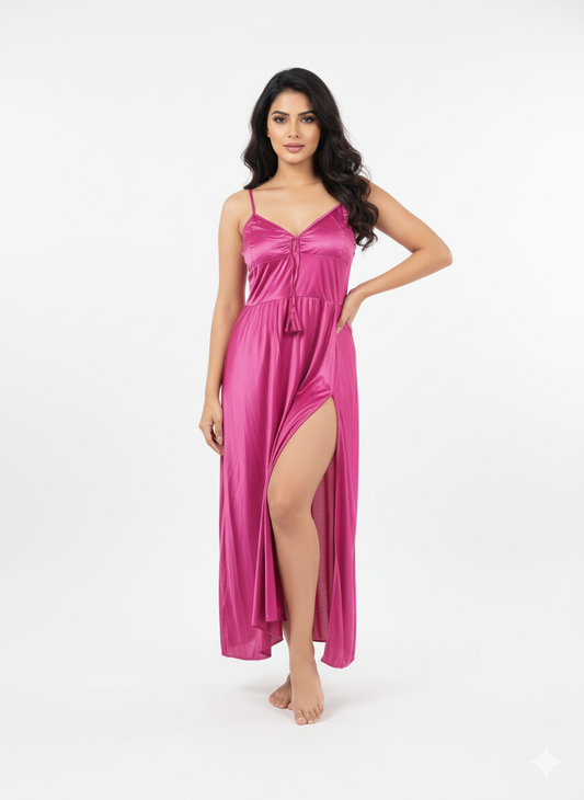 Luxury Magenta Satin Nighty Long Slip Dress with Side Slit Shy Wears Pakistan