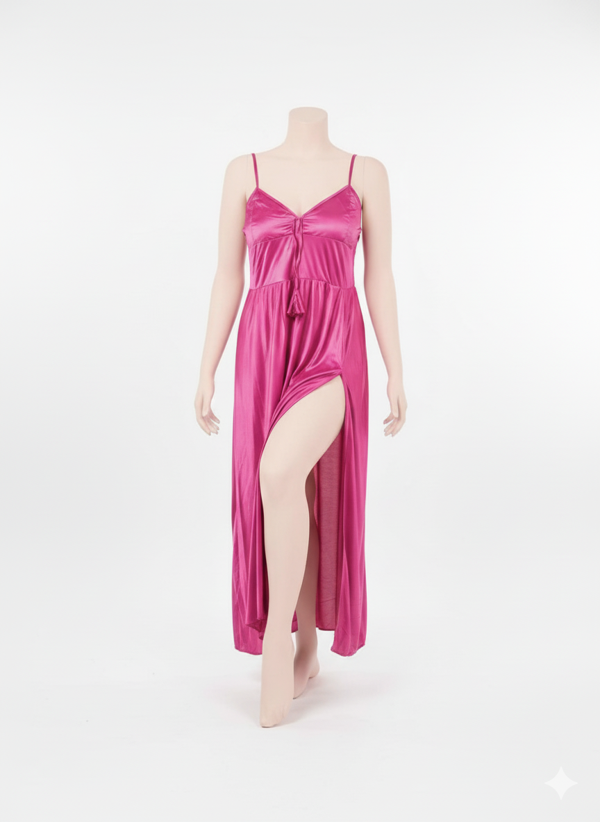 Luxury Magenta Satin Nighty Long Slip Dress with Side Slit Shy Wears Pakistan