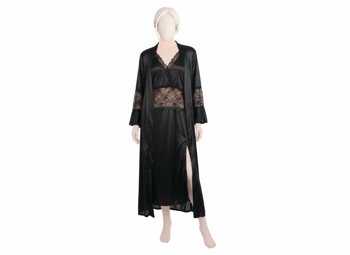 Luxury Black Satin 3-Piece Nightwear Set Lace Robe, Top & Pajama Shy Wears Pakistan