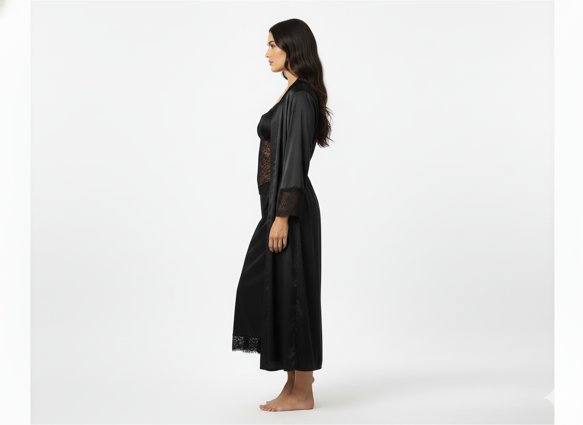 Luxury Black Satin 3-Piece Nightwear Set Lace Robe, Top & Pajama Shy Wears Pakistan