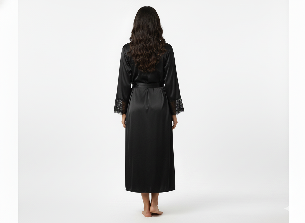 Luxury Black Satin 3-Piece Nightwear Set Lace Robe, Top & Pajama Shy Wears Pakistan