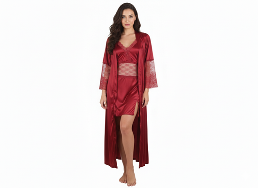 Luxury Red Satin Nightwear Set Lace Slip & Long Robe Shy Wears Pakistan